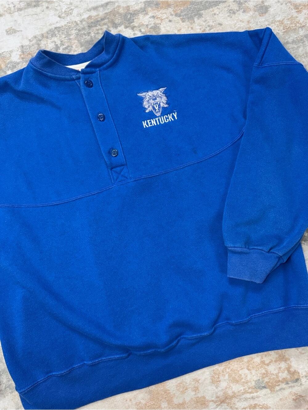 Vintage 80s Kentucky Wildcats Sweatshirt Large Blue Dodger USA Button Neck
